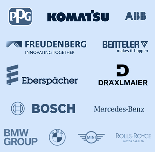 Clients Include: PPG, Komatsu, ABB, Freudenberg, Benteler, Eberspacher, Draxlmaier, Bosch, Mercedes-Benz, BMW Group, BMW, Mini Cooper, and Rolls-Royce.